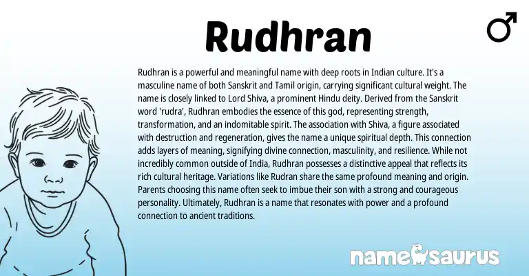 Infographic about Rudhran name meaning, Rudhran is a name from Hindu, Indian, Sanskrit origin(s).