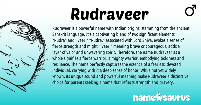 Infographic about Rudraveer name meaning, Rudraveer is a name from Indian, Sanskrit origin(s).