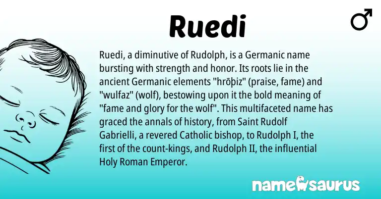 Infographic about Ruedi name meaning, Ruedi is a name from Roman, Germanic origin(s).
