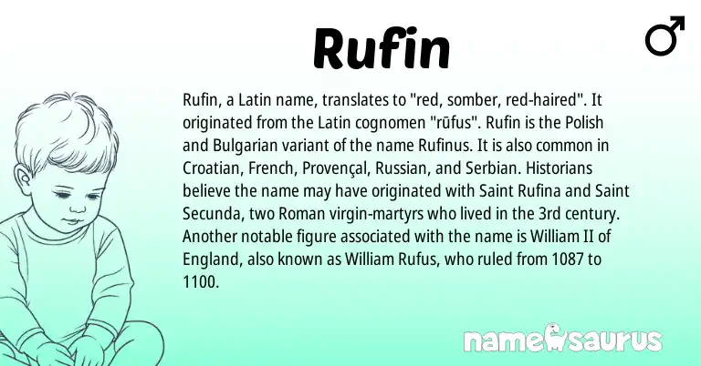 Infographic about Rufin name meaning, Rufin is a name from Polish, Bulgarian, Croatian, Provençal, England, Russian, French, Latin, Roman, Serbian origin(s).