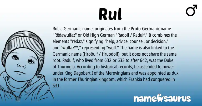 Infographic about Rul name meaning, Rul is a name from Old High German, Germanic origin(s).