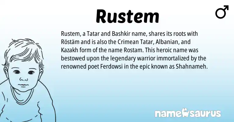 Infographic about Rustem name meaning, Rustem is a name from Albanian, Tatar, Crimean Tatar, Kazakh, Bashkir origin(s).