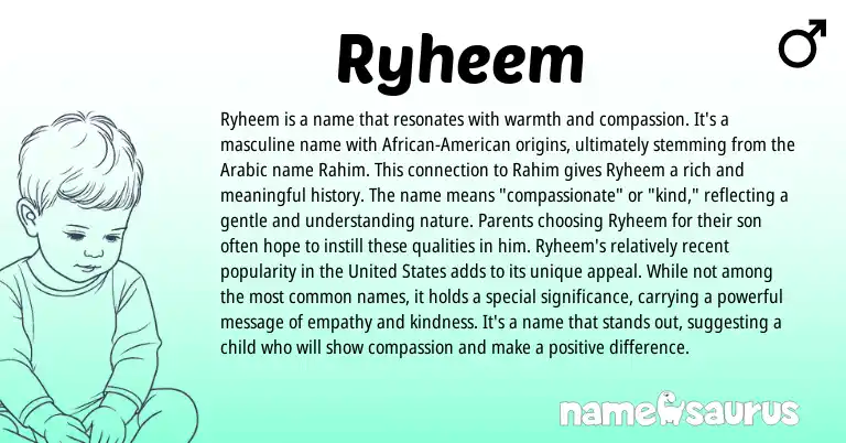 Infographic about Ryheem name meaning, Ryheem is a name from Arabic origin(s).