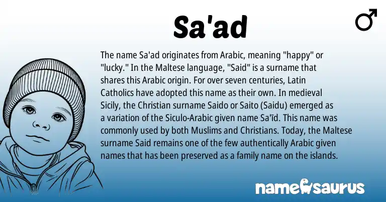 Infographic about Sa'ad name meaning, Sa'ad is a name from Maltese, Arabic, Latin origin(s).