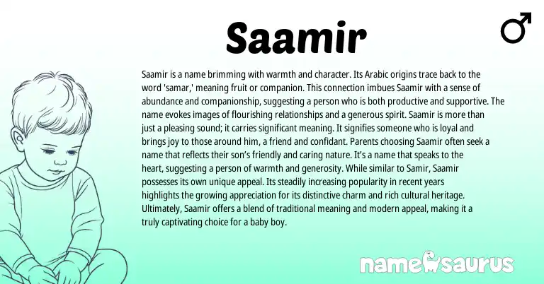 Infographic about Saamir name meaning, Saamir is a name from Arabic origin(s).