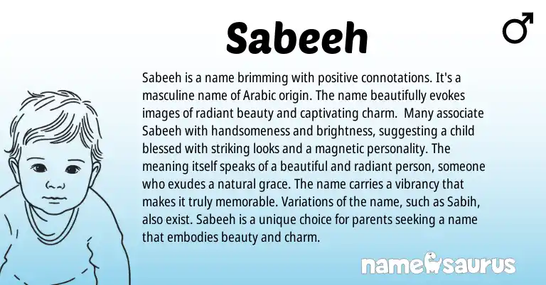 Infographic about Sabeeh name meaning, Sabeeh is a name from Arabic origin(s).