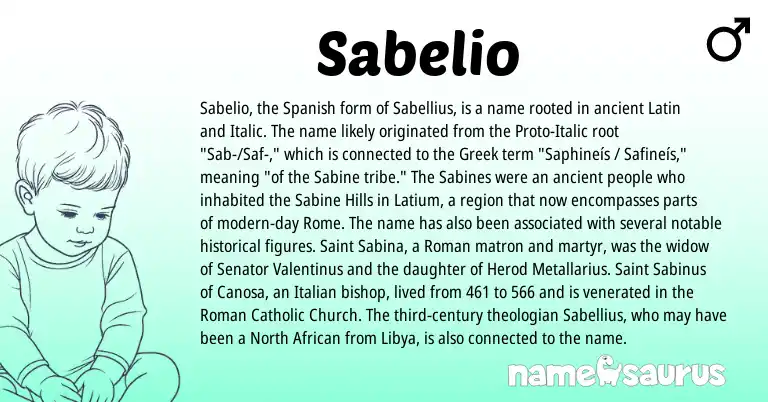 Infographic about Sabelio name meaning, Sabelio is a name from Spanish, North African, Roman, Latin, Greek, Italian origin(s).