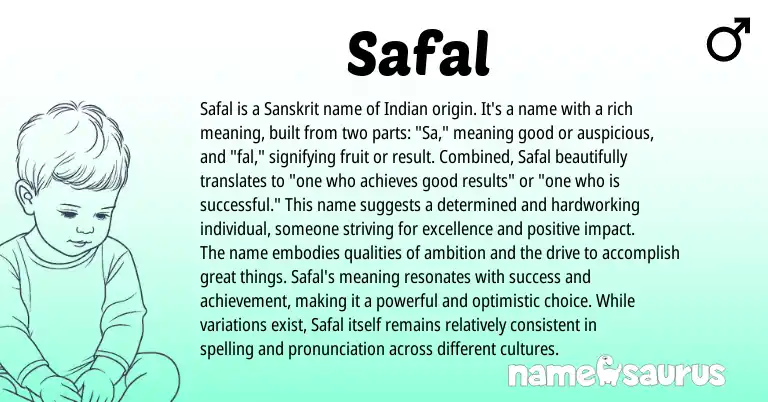 Infographic about Safal name meaning, Safal is a name from Indian, Sanskrit, Hindi origin(s).