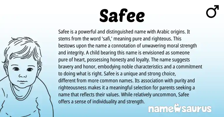 Infographic about Safee name meaning, Safee is a name from Arabic origin(s).