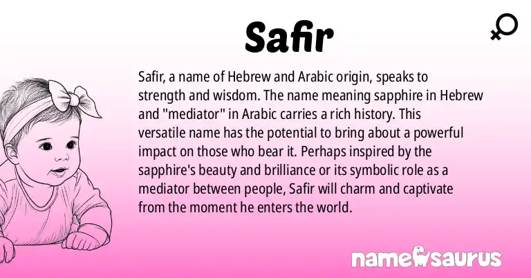 Infographic about Safir name meaning, Safir is a name from Hebrew, Arabic origin(s).