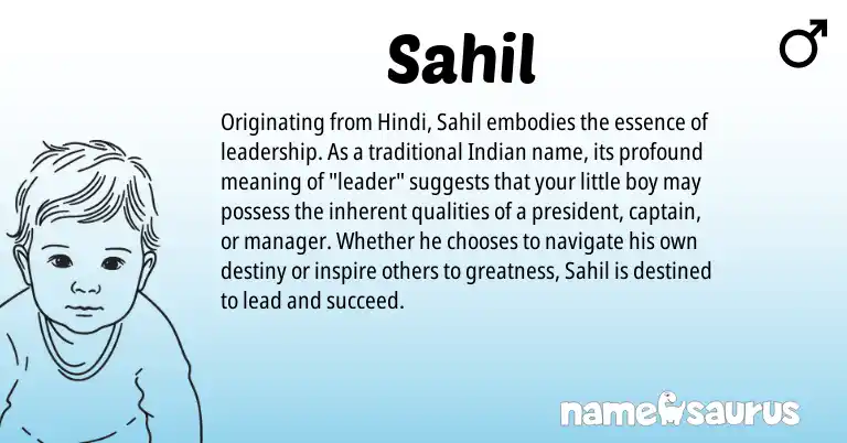 Infographic about Sahil name meaning, Sahil is a name from Hindi, Indian origin(s).