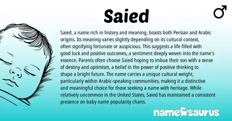 Infographic about Saied name meaning, Saied is a name from Persian, Arabic origin(s).