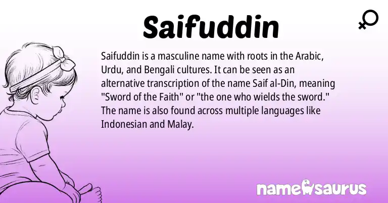 Infographic about Saifuddin name meaning, Saifuddin is a name from Arabic, Urdu, Bengali, Indonesian origin(s).