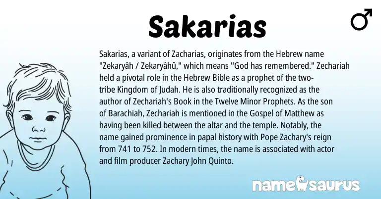 Infographic about Sakarias name meaning, Sakarias is a name from Hebrew origin(s).