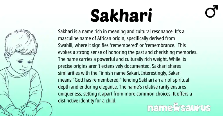 Infographic about Sakhari name meaning, Sakhari is a name from African, Swahili origin(s).