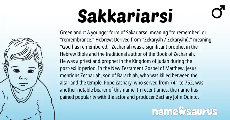 Infographic about Sakkariarsi name meaning, Sakkariarsi is a name from Hebrew, Greenlandic origin(s).