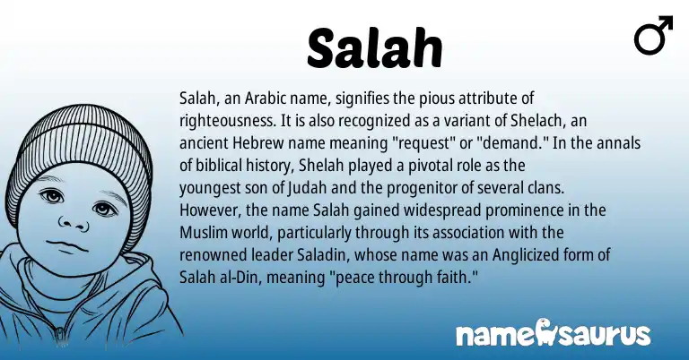 Infographic about Salah name meaning, Salah is a name from Muslim, Arabic, Hebrew origin(s).
