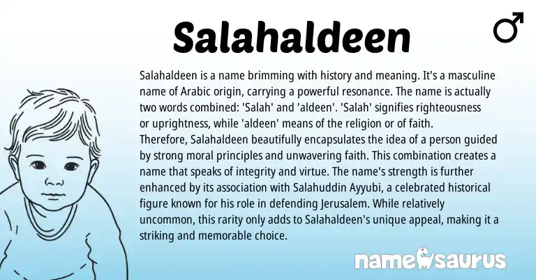 Infographic about Salahaldeen name meaning, Salahaldeen is a name from Arabic origin(s).