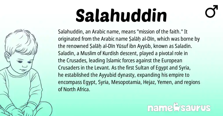 Infographic about Salahuddin name meaning, Salahuddin is a name from North Africa, Kurdish, European, Syria, Arabic, Muslim origin(s).