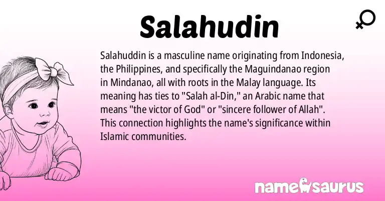 Infographic about Salahudin name meaning, Salahudin is a name from Indonesian, Filipino, Maguindanao, Malay origin(s).