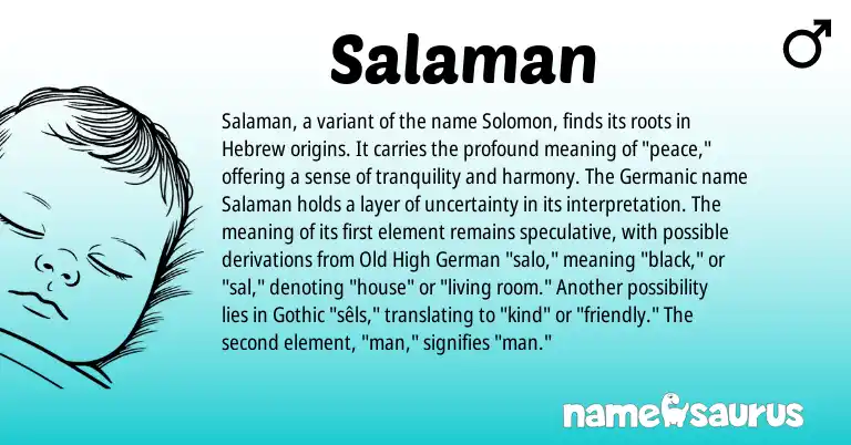 Infographic about Salaman name meaning, Salaman is a name from Old High German, Germanic, Gothic, Hebrew origin(s).