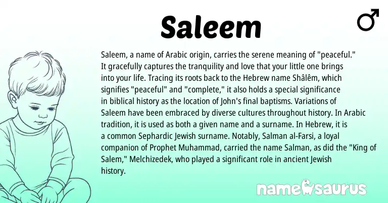 Infographic about Saleem name meaning, Saleem is a name from Jewish, Arabic, Farsi, Hebrew origin(s).