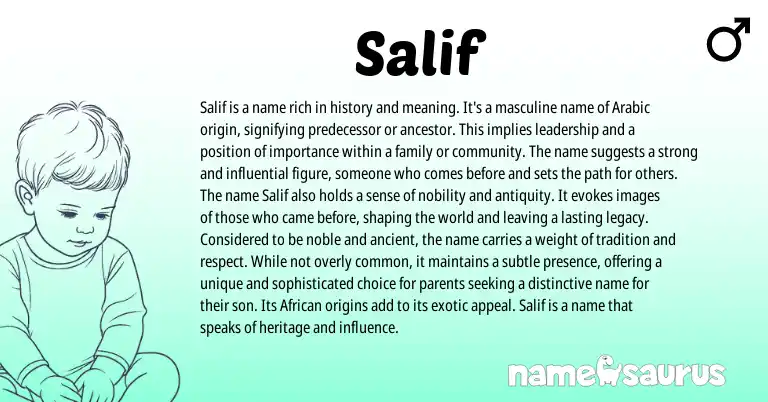 Infographic about Salif name meaning, Salif is a name from Arabic origin(s).