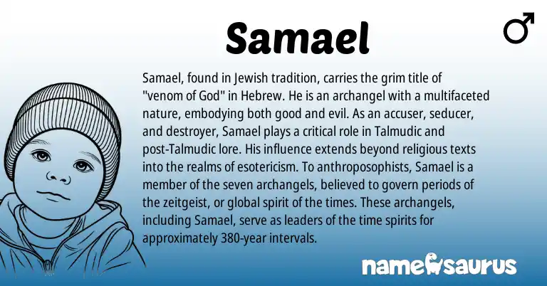 Infographic about Samael name meaning, Samael is a name from Jewish, Hebrew origin(s).
