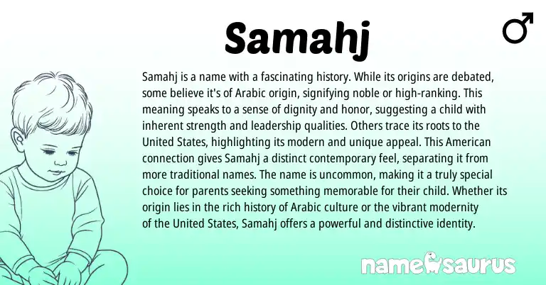 Infographic about Samahj name meaning, Samahj is a name from Arabic origin(s).