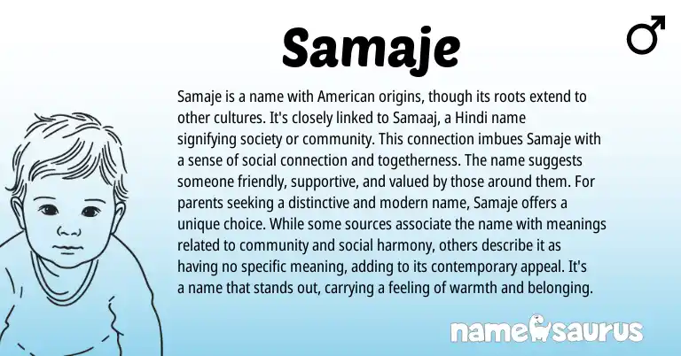 Infographic about Samaje name meaning, Samaje is a name from American, Hindi origin(s).