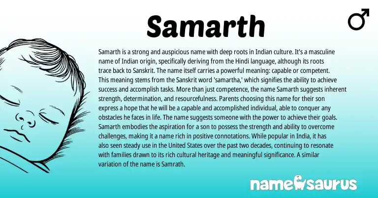 Infographic about Samarth name meaning, Samarth is a name from Indian, Sanskrit origin(s).