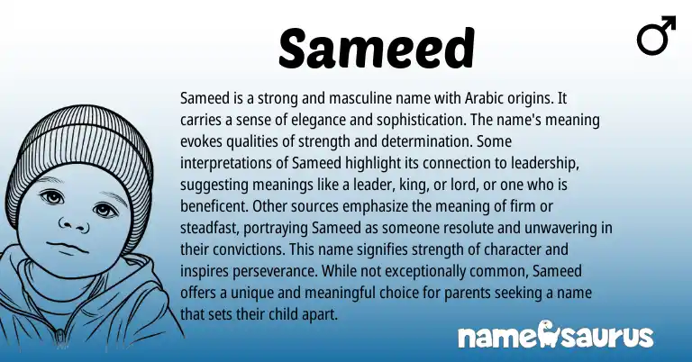 Infographic about Sameed name meaning, Sameed is a name from Arabic origin(s).