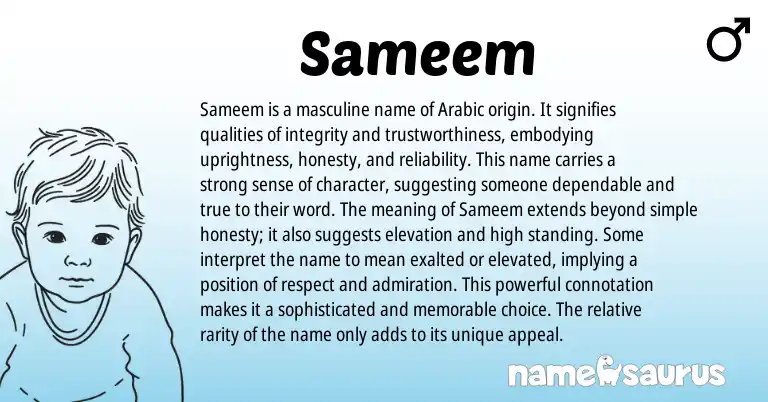 Infographic about Sameem name meaning, Sameem is a name from Arabic origin(s).