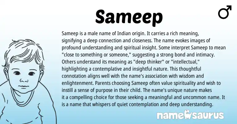 Infographic about Sameep name meaning, Sameep is a name from Indian, Sanskrit origin(s).