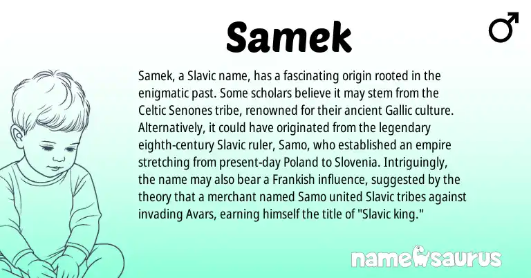 Infographic about Samek name meaning, Samek is a name from Frankish, Slavic, Celtic origin(s).