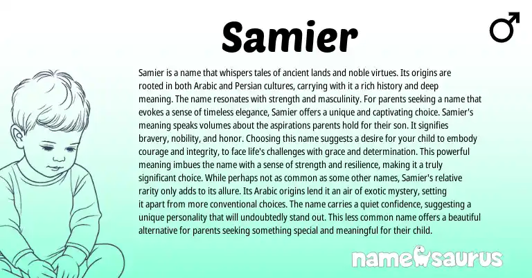 Infographic about Samier name meaning, Samier is a name from Persian, Arabic origin(s).