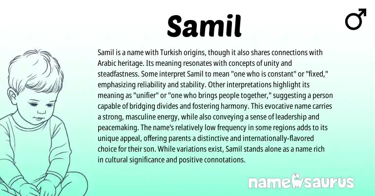 Infographic about Samil name meaning, Samil is a name from Arabic, Turkish origin(s).