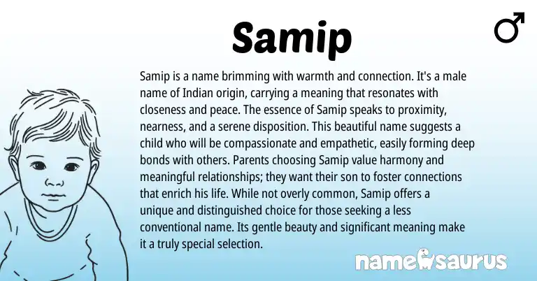 Infographic about Samip name meaning, Samip is a name from Indian, Sanskrit origin(s).