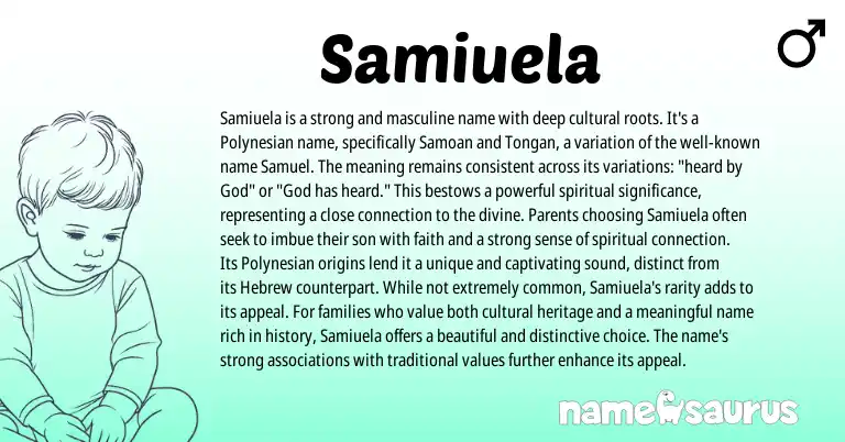 Infographic about Samiuela name meaning, Samiuela is a name from Samoan, Polynesian, Tongan, Ga origin(s).