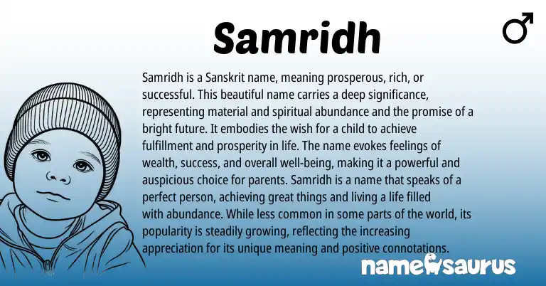 Infographic about Samridh name meaning, Samridh is a name from Indian, Hindi origin(s).