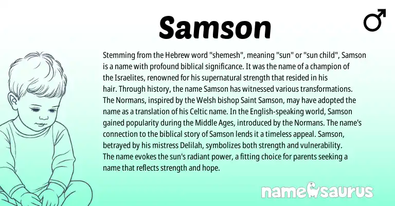 Infographic about Samson name meaning, Samson is a name from English, Welsh, Celtic, Hebrew origin(s).