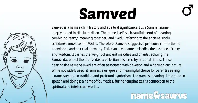 Infographic about Samved name meaning, Samved is a name from Sanskrit, Hindu, Hinduism origin(s).