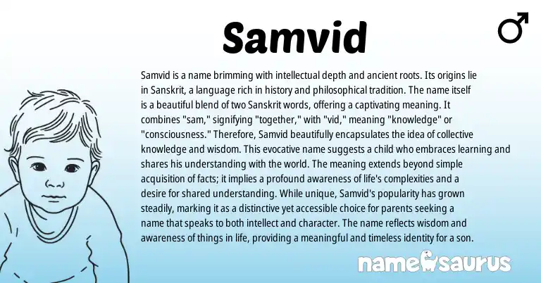 Infographic about Samvid name meaning, Samvid is a name from Indian, Sanskrit origin(s).