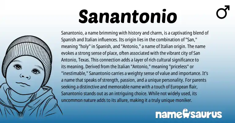 Infographic about Sanantonio name meaning, Sanantonio is a name from European, Italian, Spanish origin(s).