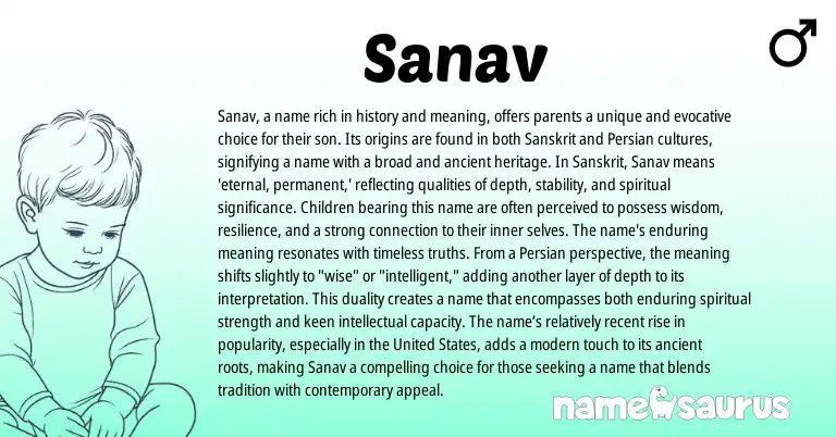 Infographic about Sanav name meaning, Sanav is a name from Bengali, Persian, Sanskrit origin(s).