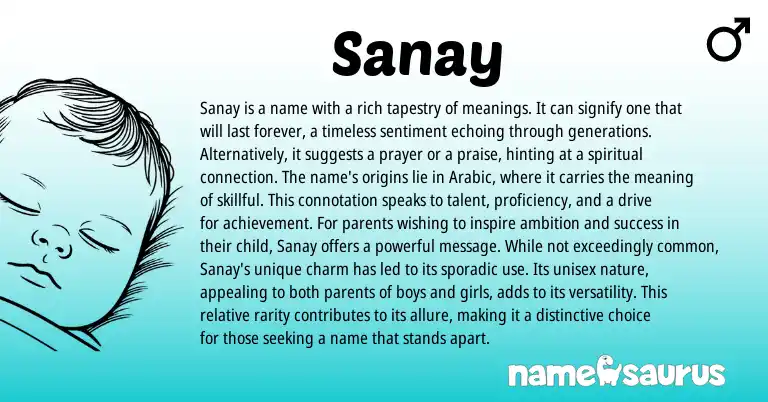 Infographic about Sanay name meaning, Sanay is a name from Indian, Turkish, Arabic origin(s).