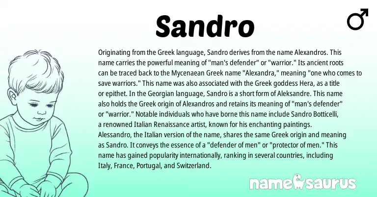 Infographic about Sandro name meaning, Sandro is a name from Georgian, Italian, Portugal, Greek origin(s).