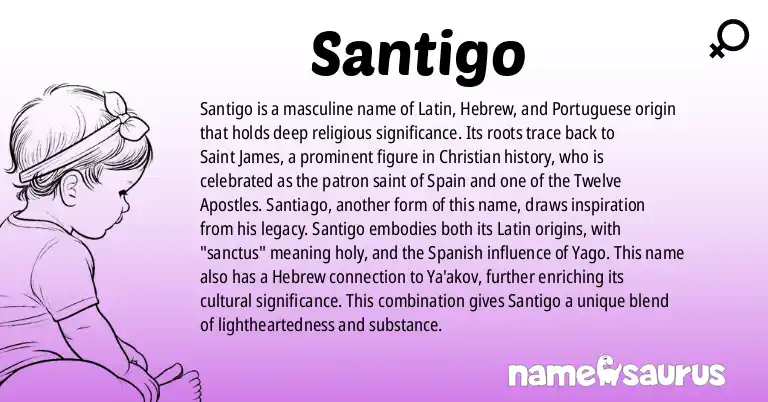 Infographic about Santigo name meaning, Santigo is a name from Latin, Hebrew, Portuguese, Spanish origin(s).