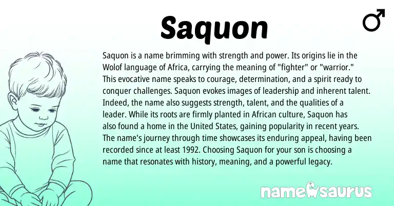 Infographic about Saquon name meaning, Saquon is a name from United States, African, Wolof origin(s).