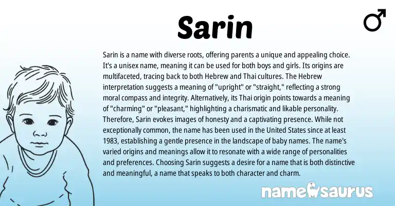 Infographic about Sarin name meaning, Sarin is a name from Indian, Persian, Hebrew, Thai origin(s).
